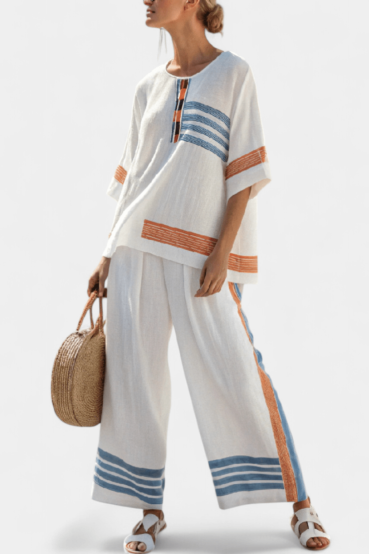 Marcellin | Sophisticated Blue - Orange Striped Top & Pants - Benjamin New York
