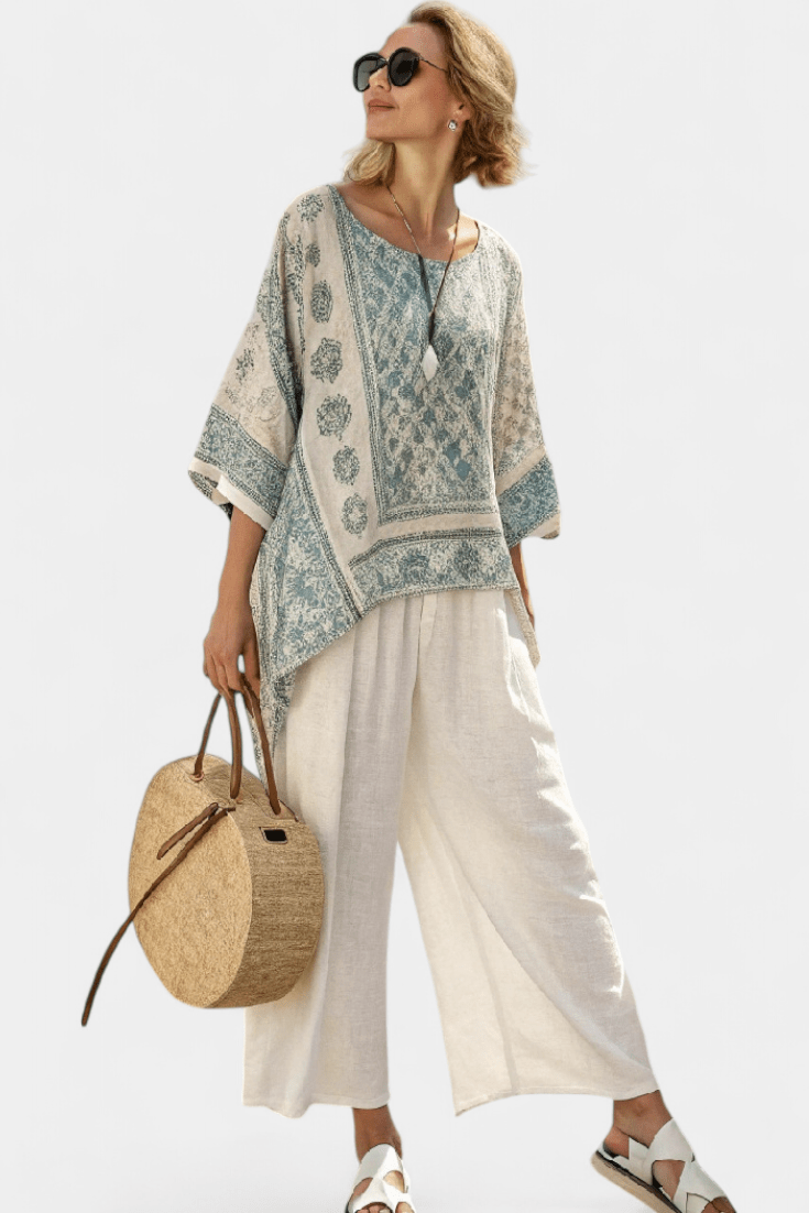 Quinley | Comfortable Printed Blouse & Wide - Leg White Pants - Benjamin New York