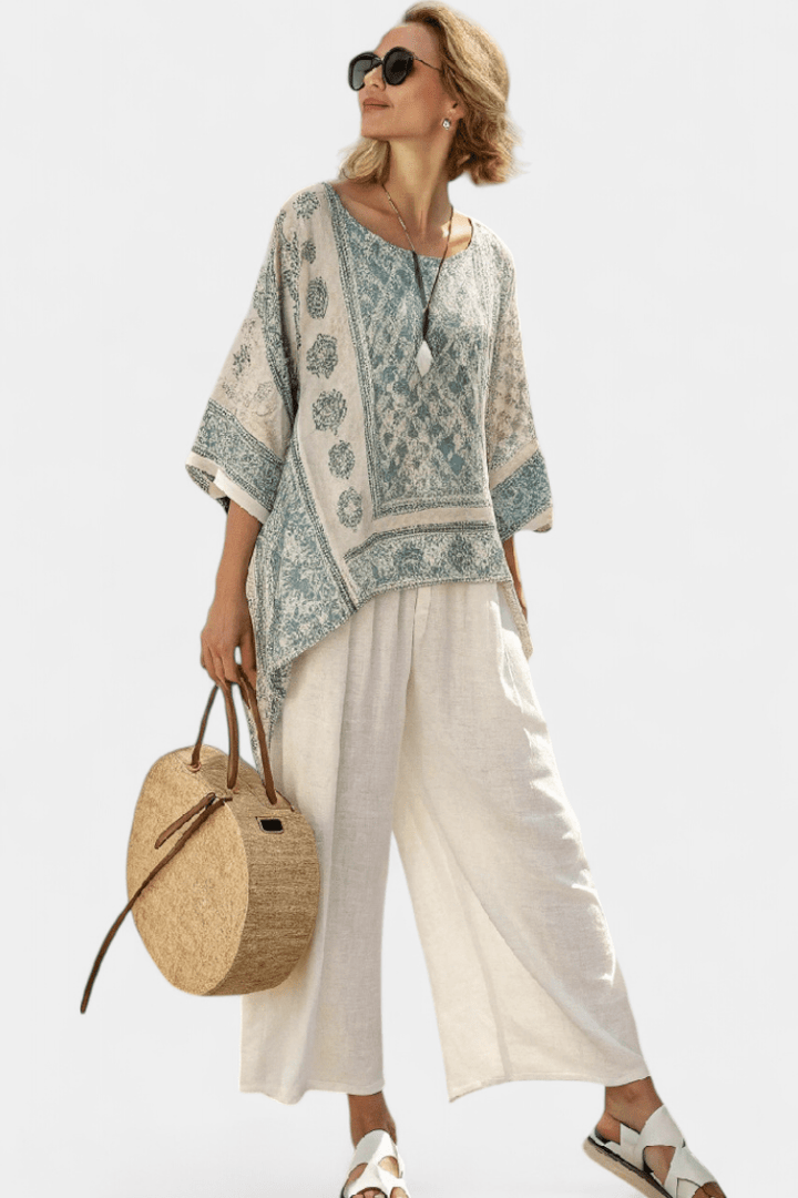 Quinley | Comfortable Printed Blouse & Wide - Leg White Pants - Benjamin New York