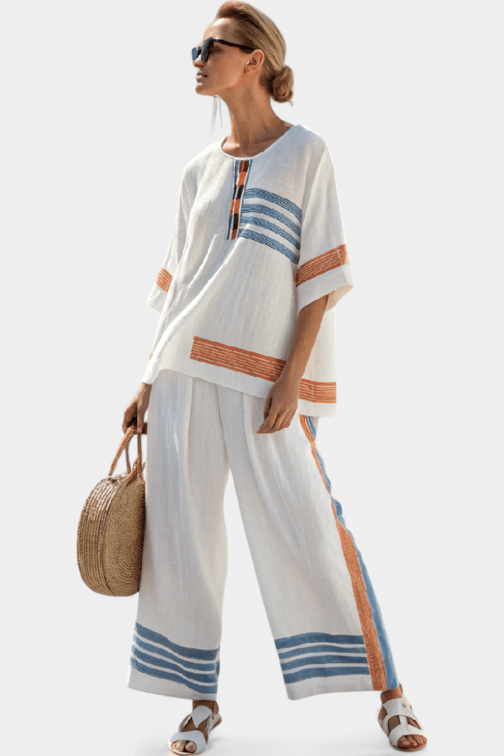 Marcellin | Sophisticated Blue - Orange Striped Top & Pants - Benjamin New York