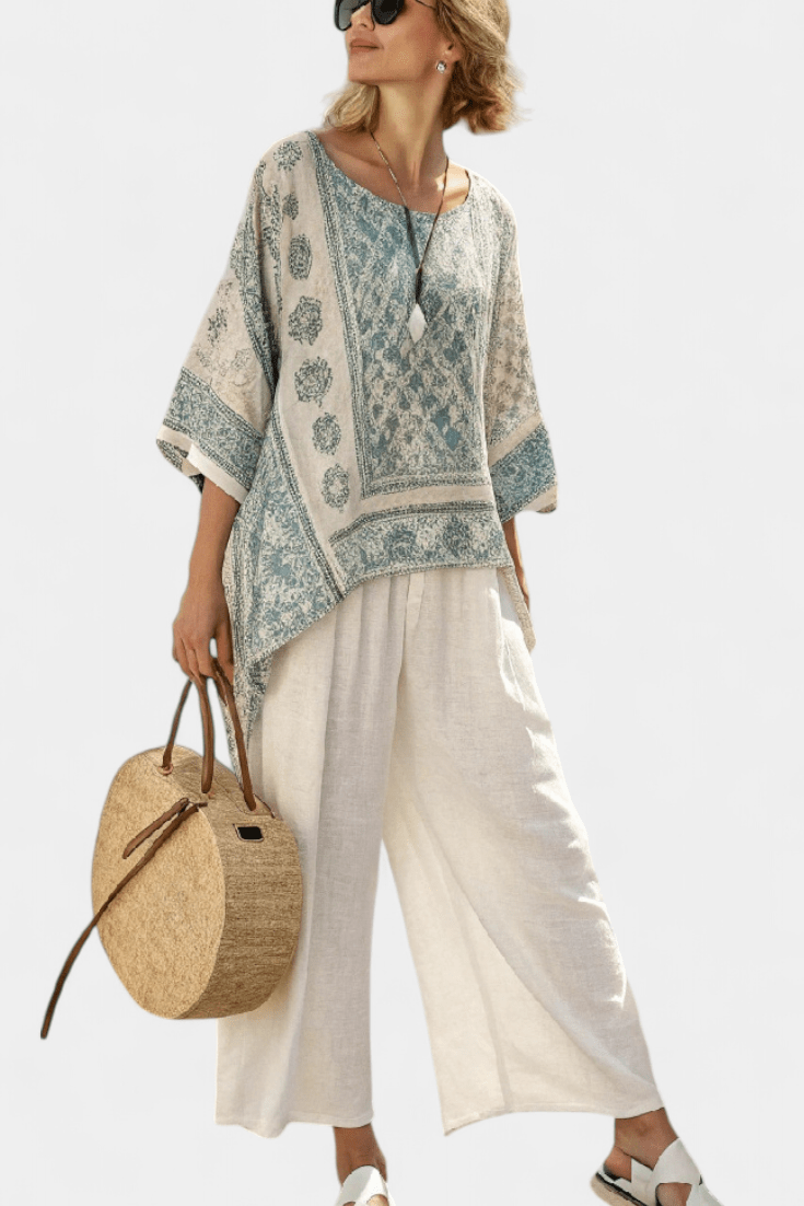 Quinley | Comfortable Printed Blouse & Wide - Leg White Pants - Benjamin New York