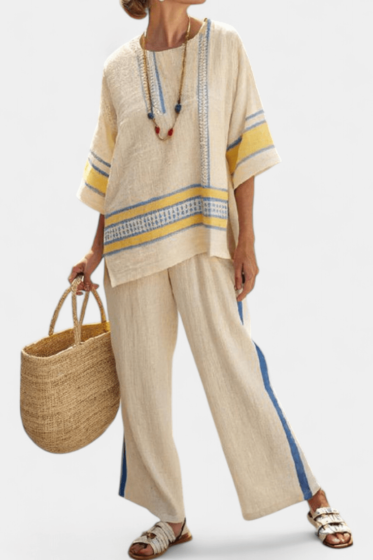 Jaxmere | Comfortable Blue - Yellow Mediterranean Top & Linen Pants - Benjamin New York