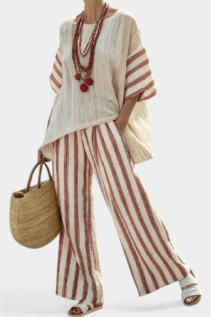 Braelith | Elegant Rustic Striped Top & Cream Linen Pants - Benjamin New York