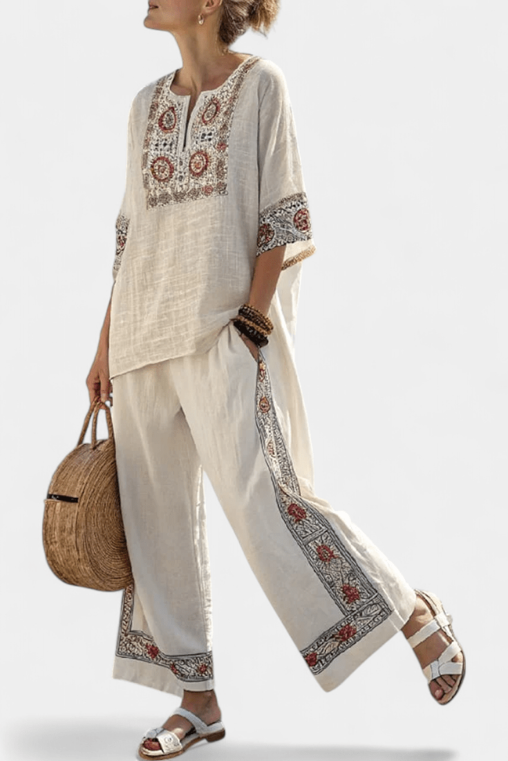 Tameric | Sophisticated Embroidered Raw Blouse & Wide Pants - Benjamin New York