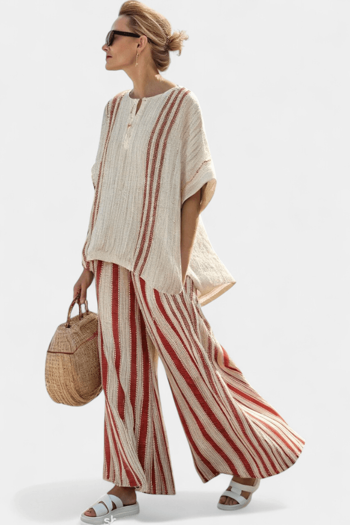 Mirella | Sophisticated Textured Red - Stripe Top & Linen Pants - Benjamin New York
