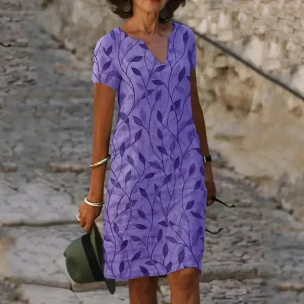 Greta | Leaf - Print Casual V - Neck Dress - Benjamin New York