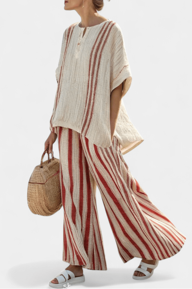 Mirella | Sophisticated Textured Red - Stripe Top & Linen Pants - Benjamin New York