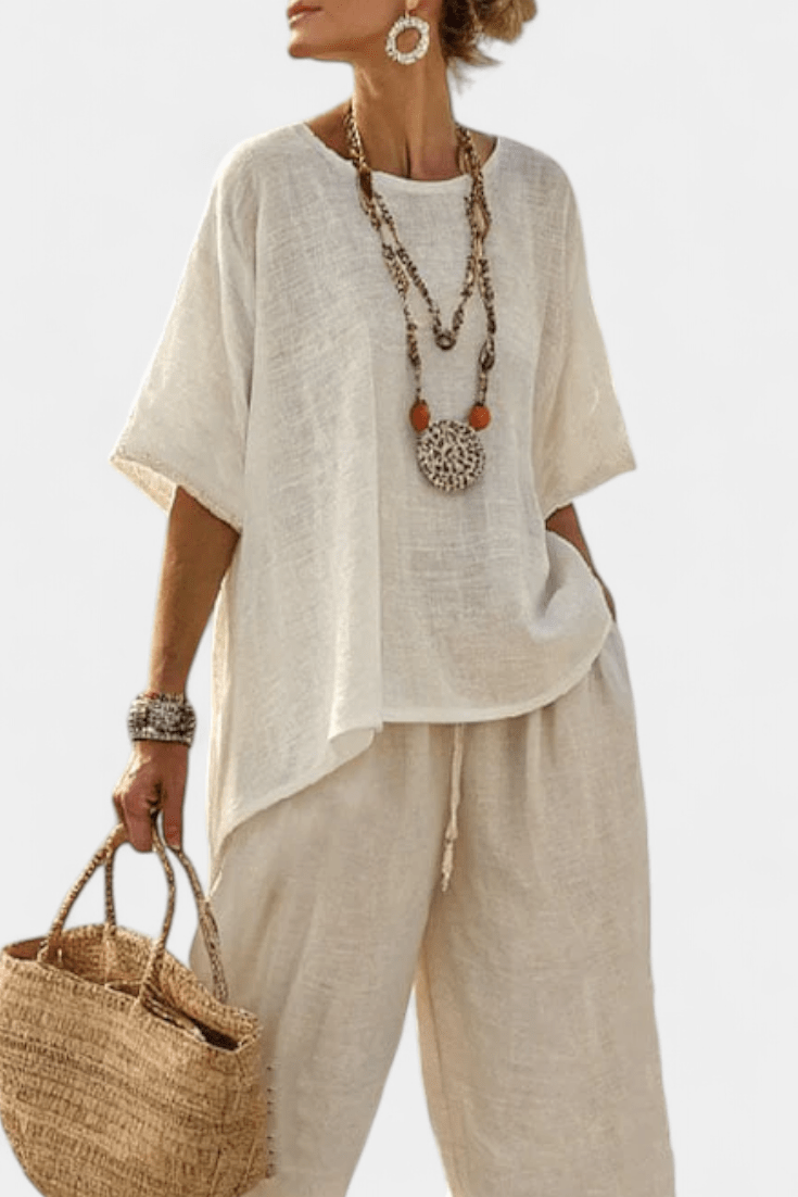 Drevon | Comfortable Minimalist Raw Blouse & Wide - Leg Pants - Benjamin New York