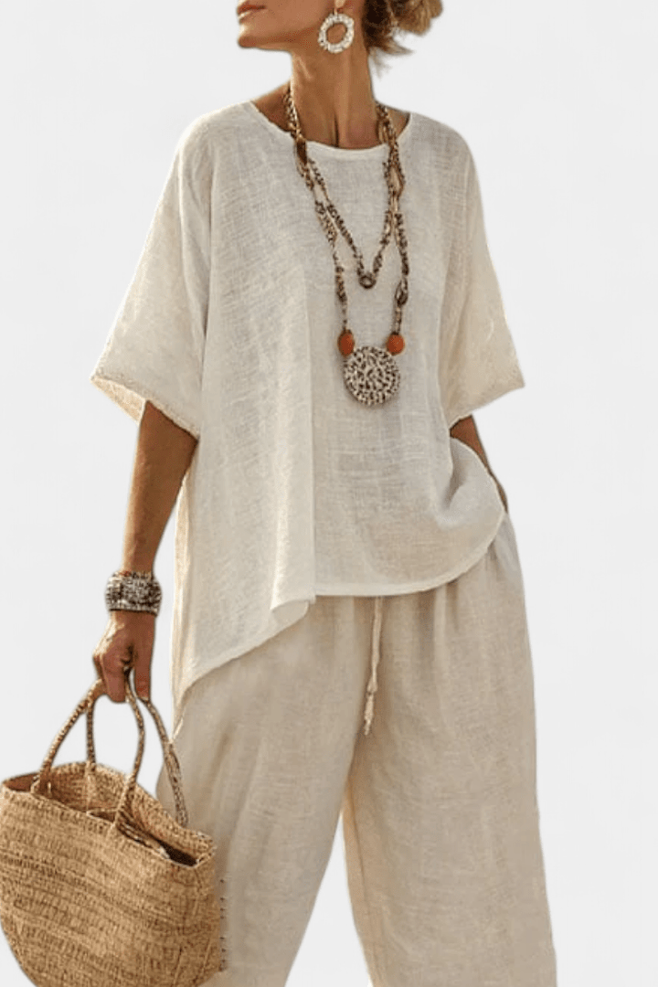 Drevon | Comfortable Minimalist Raw Blouse & Wide - Leg Pants - Benjamin New York