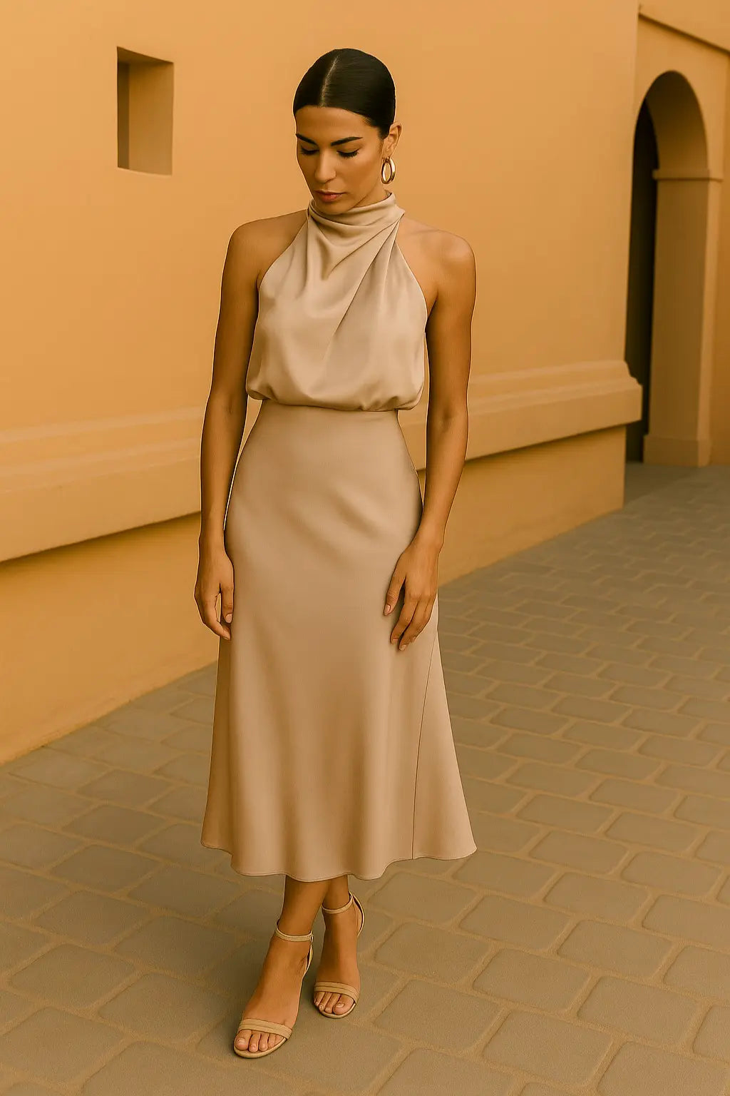 Elena | Satin Halter - Neck Midi Dress - Benjamin New York