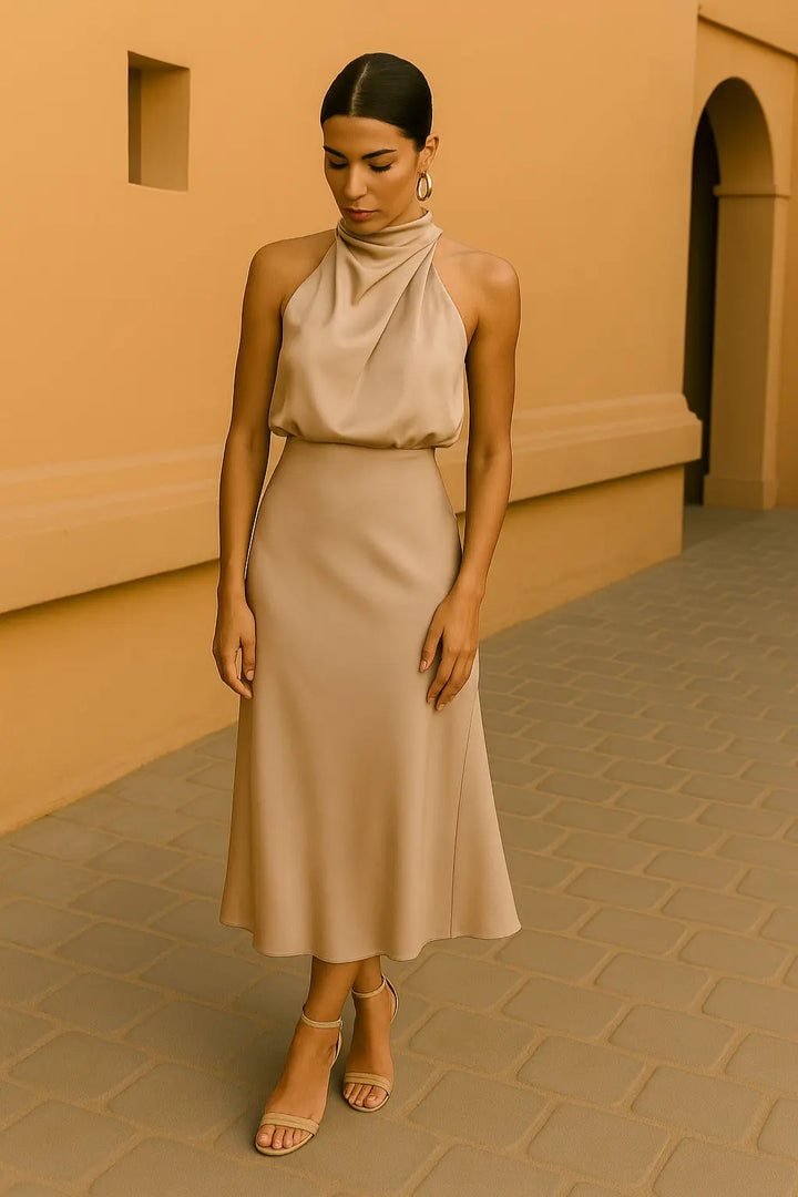 Elena | Satin Halter - Neck Midi Dress - Benjamin New York