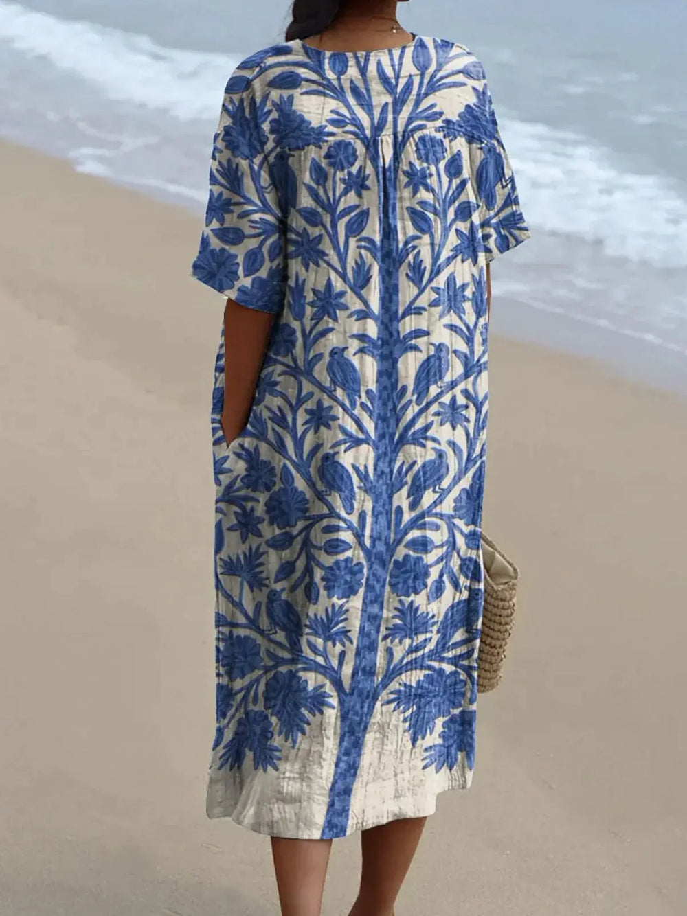 Eleanor | Blue Botanical Bird Print Midi Dress - Benjamin New York