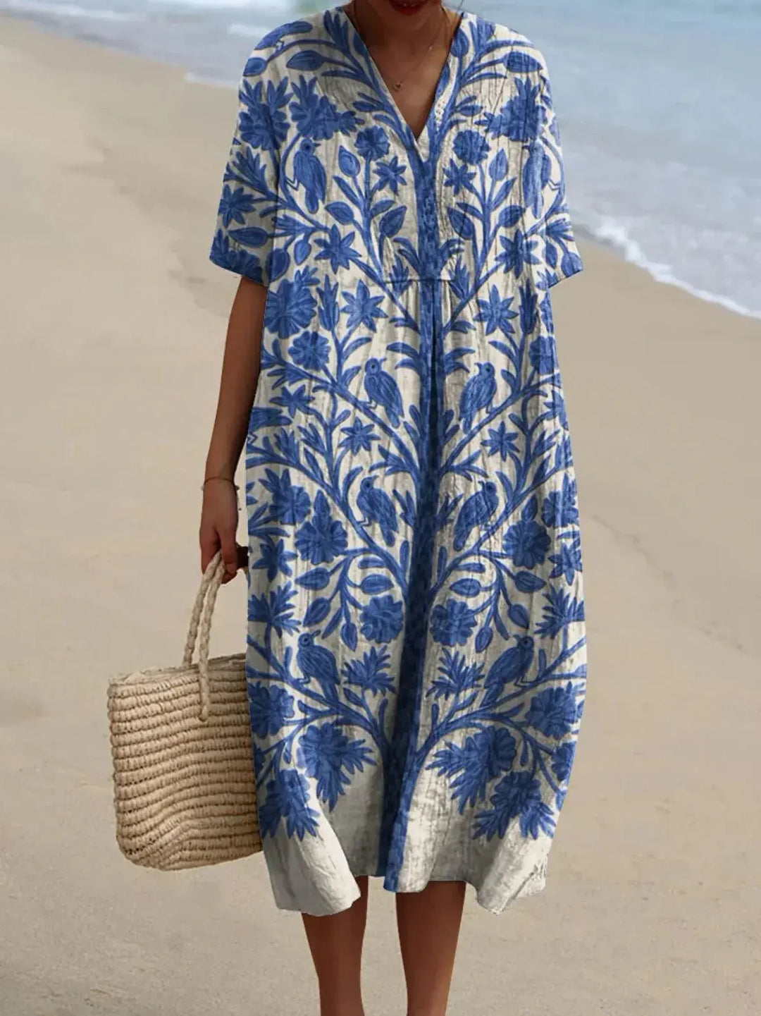 Eleanor | Blue Botanical Bird Print Midi Dress - Benjamin New York