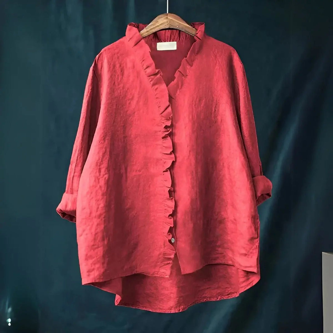 Savannah | Ruffled Button - Front Linen Blouse - Benjamin New York