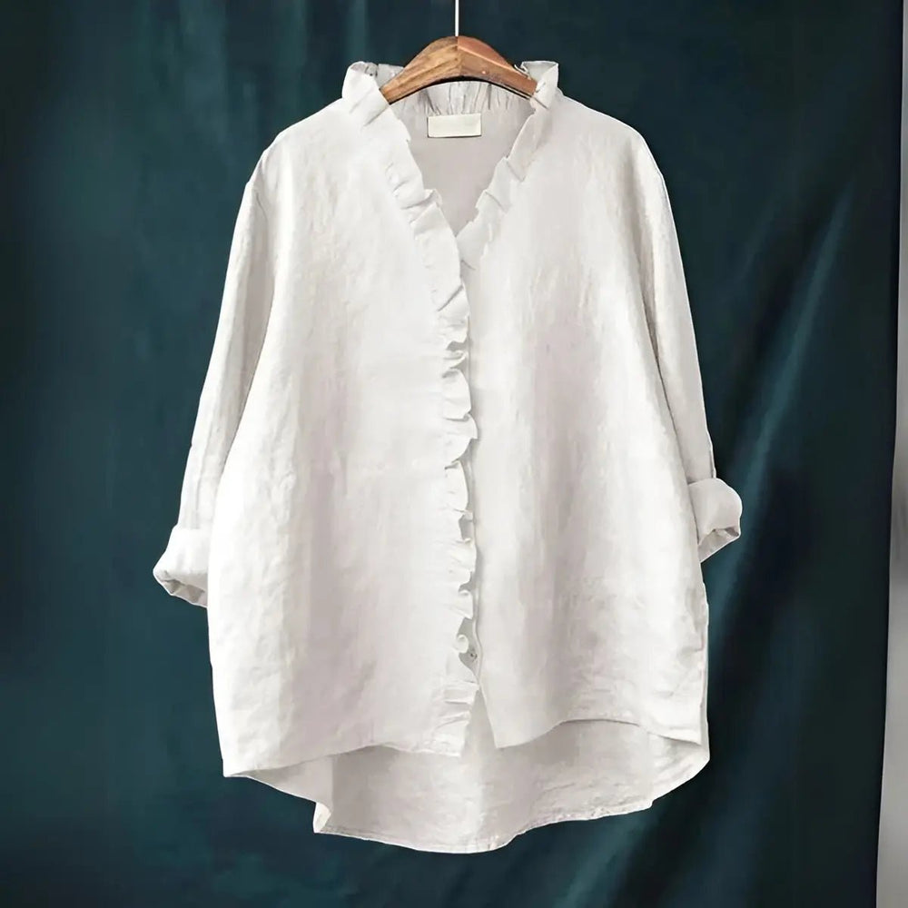 Savannah | Ruffled Button - Front Linen Blouse - Benjamin New York