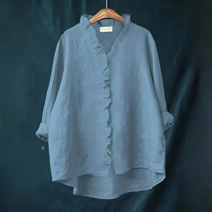 Savannah | Ruffled Button - Front Linen Blouse - Benjamin New York