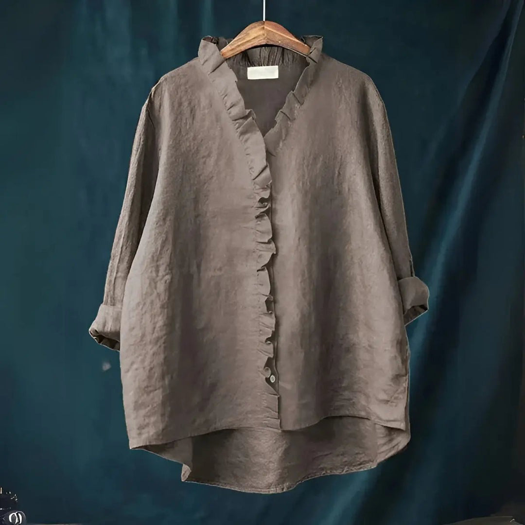 Savannah | Ruffled Button - Front Linen Blouse - Benjamin New York