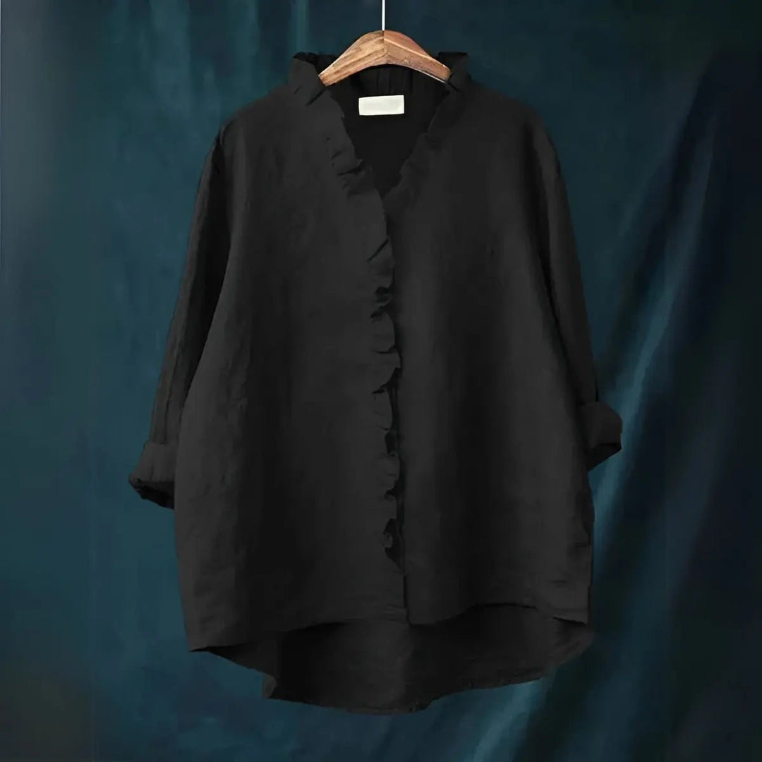 Savannah | Ruffled Button - Front Linen Blouse - Benjamin New York